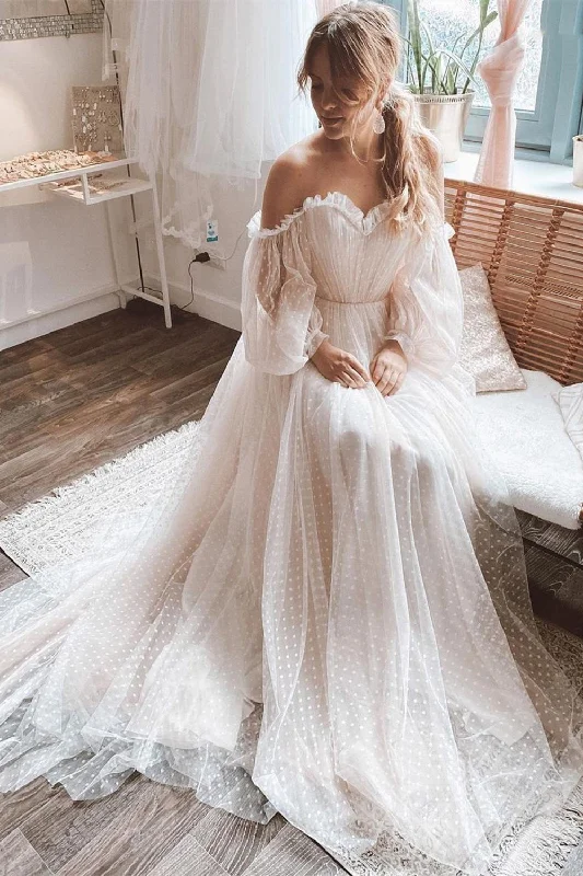 Long Sleeves Off Shoulder Polka Dots Wedding Dressesm Boho Wedding Dresses, A-line Wedding Dresses, 2021 Wedding Dresses