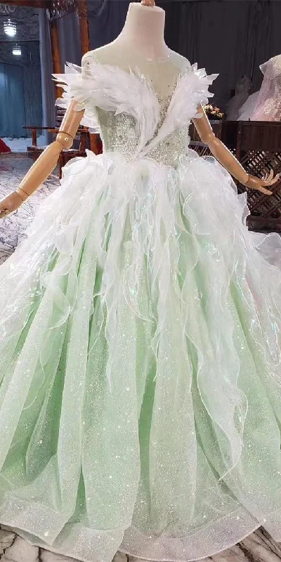 Mint Sparkle Organza Feather Wedding Gown, Long Bridal Dresses, Luxury Prom Gown, 2021 Prom Dresses