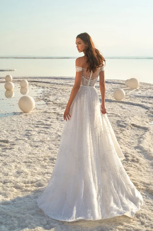 Off Shoulder A-line Beach Wedding Dresses, Sequin Tulle Wedding Dresses, Romantic Bridal Gown