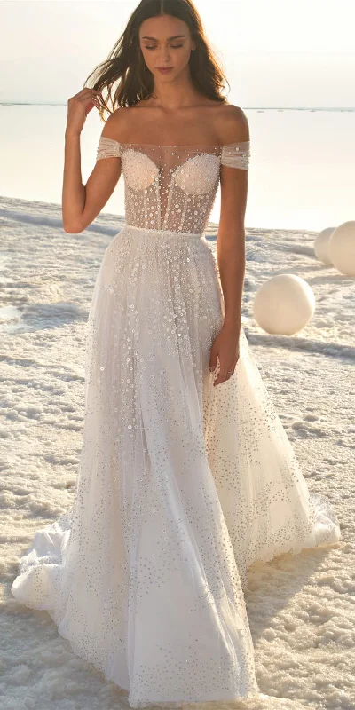 Off Shoulder A-line Beach Wedding Dresses, Sequin Tulle Wedding Dresses, Romantic Bridal Gown