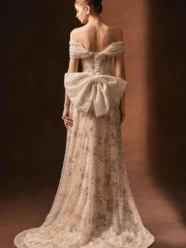 Off Shoulder A-line Floral Beaded Wedding Dresses, Newest Bridal Gown, Unique Wedding Dresses