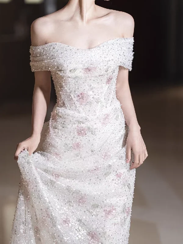 Off Shoulder A-line Floral Beaded Wedding Dresses, Newest Bridal Gown, Unique Wedding Dresses