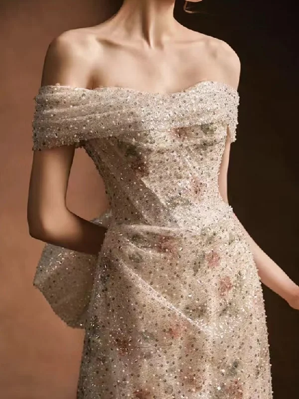 Off Shoulder A-line Floral Beaded Wedding Dresses, Newest Bridal Gown, Unique Wedding Dresses