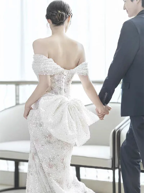 Off Shoulder A-line Floral Beaded Wedding Dresses, Newest Bridal Gown, Unique Wedding Dresses