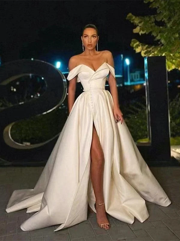 Off Shoulder A-line Simple Wedding Dresses, Ppular 2022 Long Prom Dresses, Evening Party  Dresses