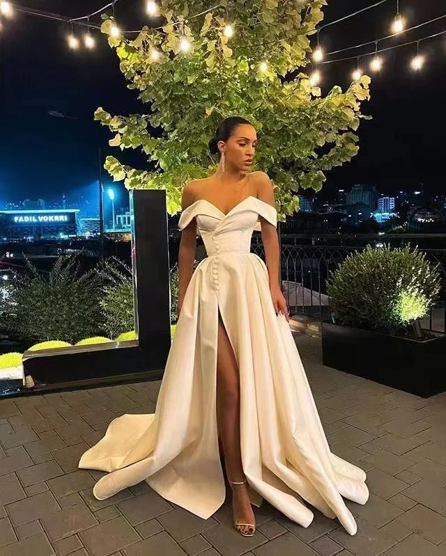 Off Shoulder A-line Simple Wedding Dresses, Ppular 2022 Long Prom Dresses, Evening Party  Dresses