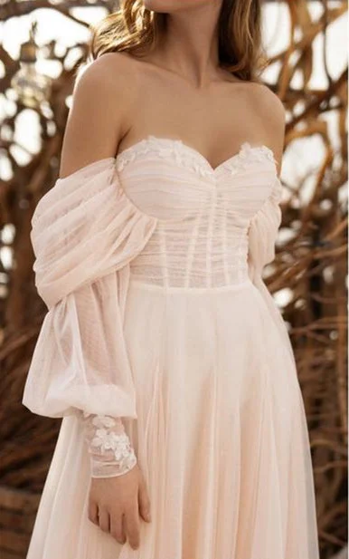 Off Shoulder Blush Pink Boho Wedding Dresses, A-line Wedding Dresses, 2021 Wedding Dresses