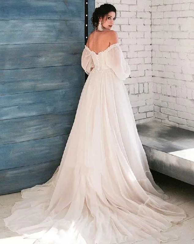 Off Shoulder Bubble Sleeve Ivory Prom Dresses, Modest Prom Dresses, 2021 Prom Dresses, Newest A-line Prom Dresses