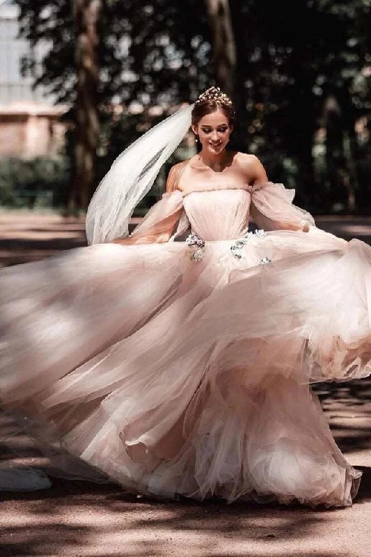 Off Shoulder Dark Nude Tulle Fairytale Prom Dresses, Wedding Dresses, Appliques Long Prom Dresses, 2021 Prom Dresses