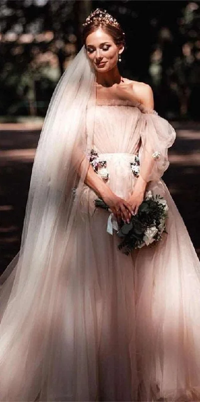 Off Shoulder Dark Nude Tulle Fairytale Prom Dresses, Wedding Dresses, Appliques Long Prom Dresses, 2021 Prom Dresses