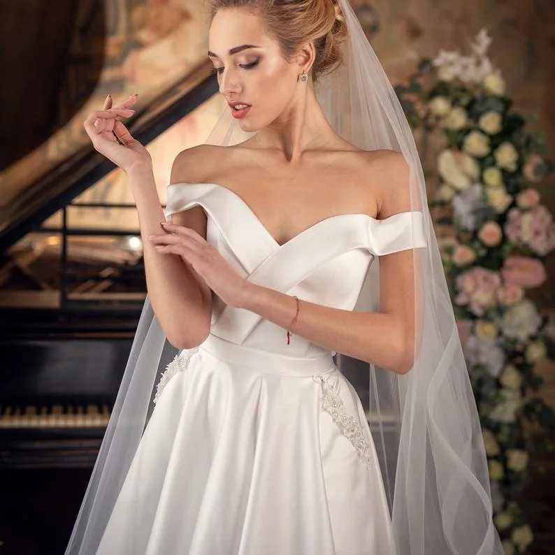 Off the Shoulder Ivory Satin Wedding Dresses, Simple Elegant Wedding Dresses with Pockets, 2021 Wedding Dresses, A-line Wedding Dresses