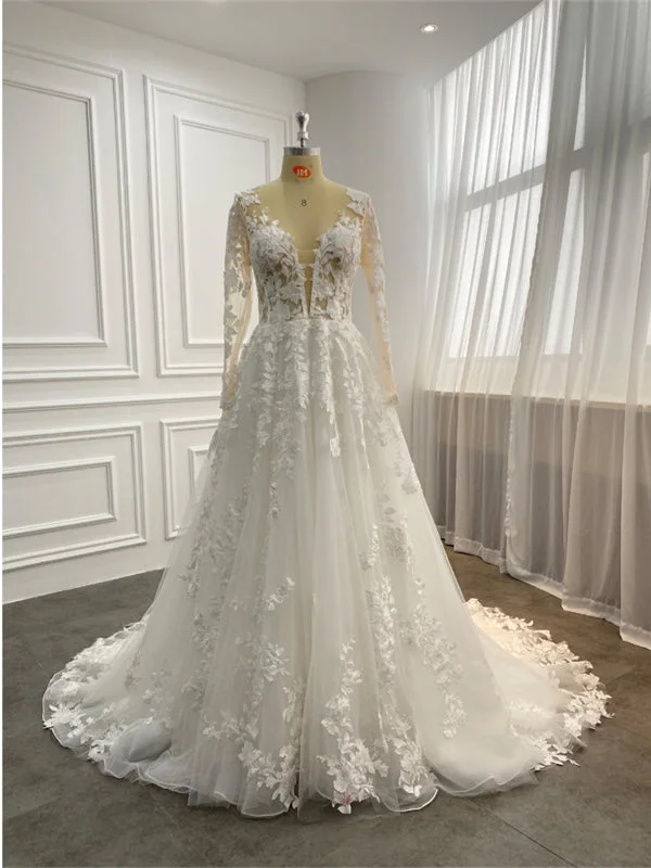 Plunge Neckline Long Sleeves Lace Tulle Wedding Dresses, Handmade Long Wedding Dresses, 2021 Wedding Dresses, Bridal Gown