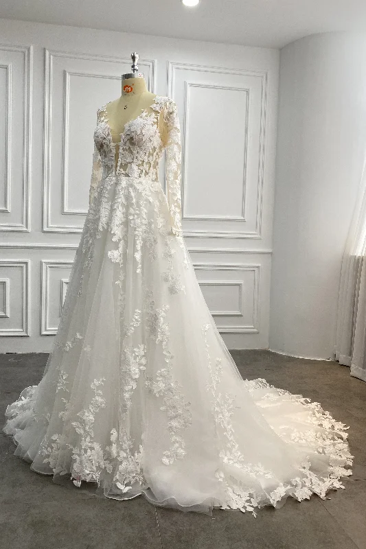 Plunge Neckline Long Sleeves Lace Tulle Wedding Dresses, Handmade Long Wedding Dresses, 2021 Wedding Dresses, Bridal Gown