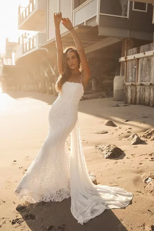 Popular Beach Wedding Dresses,Spaghetti Lace Wedding Dresses, Elegant Mermaid Bridal Gowns