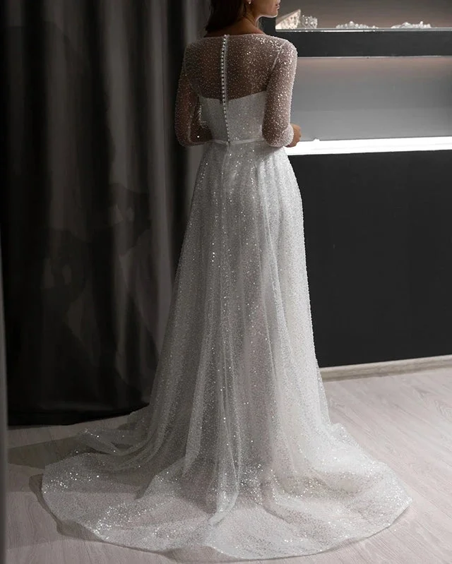 Round Neckling Long Sleeves Sequin Tulle Wedding Dresses, Sparkle Wedding Dresses, 2021 Wedding Dresses