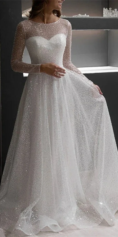 Round Neckling Long Sleeves Sequin Tulle Wedding Dresses, Sparkle Wedding Dresses, 2021 Wedding Dresses