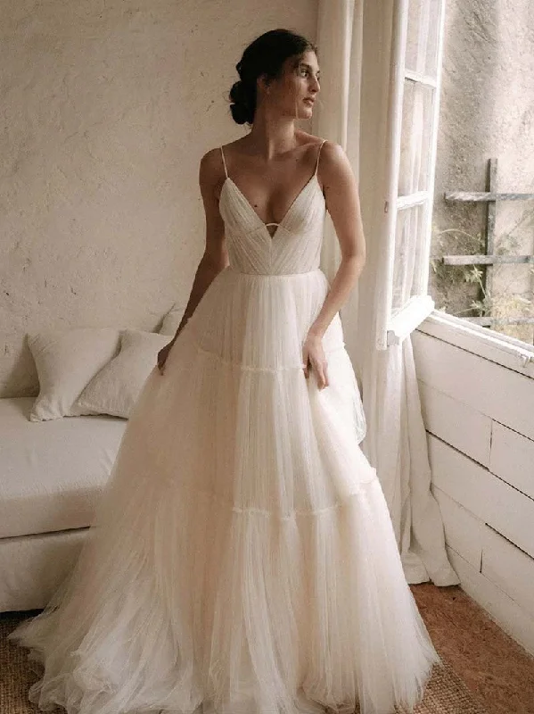 Simple A-line Wedding Dresses, Popular Bridal Gowns, V-neck Tulle Bridal Wedding Dresses