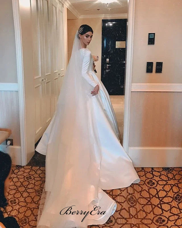 Simple Design A-line Satin Wedding Dresses, Long Sleeves Wedding Dresses