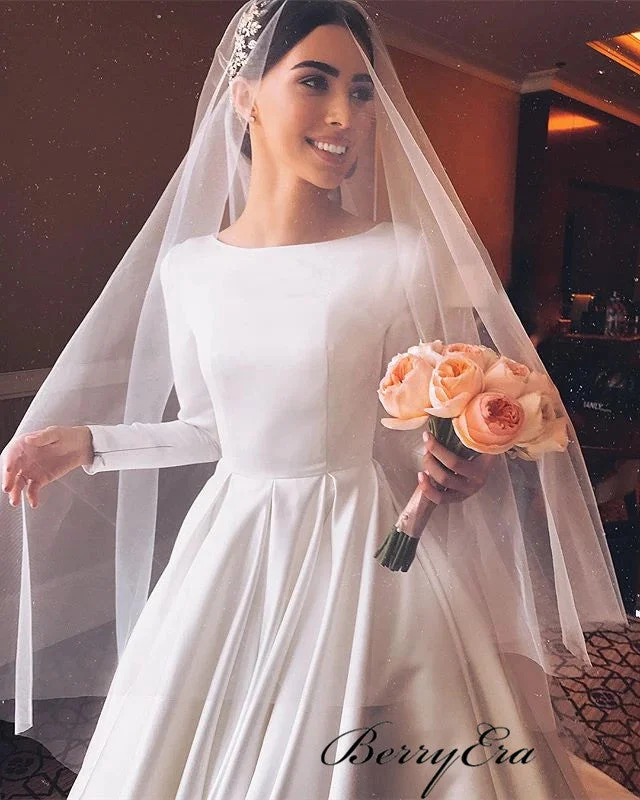 Simple Design A-line Satin Wedding Dresses, Long Sleeves Wedding Dresses