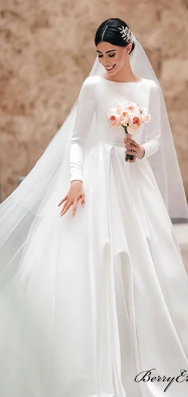 Simple Design A-line Satin Wedding Dresses, Long Sleeves Wedding Dresses