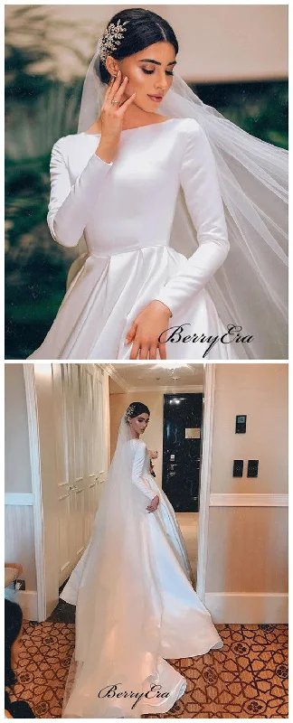 Simple Design A-line Satin Wedding Dresses, Long Sleeves Wedding Dresses