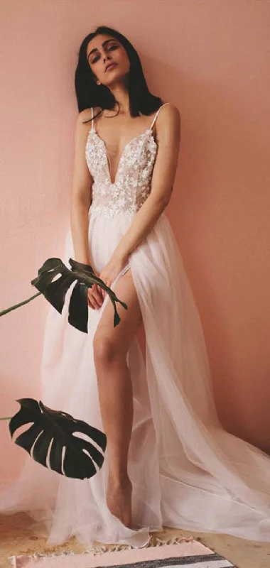 Simple Stars Appliques Tulle Wedding Dresses, High Side Slit A-line Prom Dresses