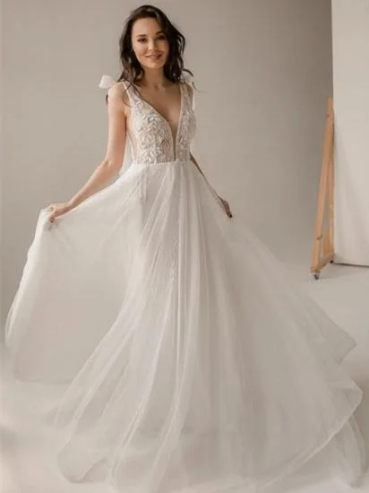 Sleeveless Ivory Sequin Tulle Wedding Dresses, Appliques Wedding Dresses, A-line Wedding Dresses, 2021 Wedding Dresses