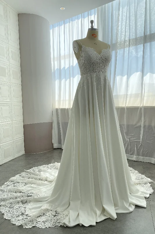 Spaghetti Long A-line Lace Satin Wedding Dresses, A-line Bridal Gown, Sweep Train Wedding Dresses, 2021 Wedding Dresses