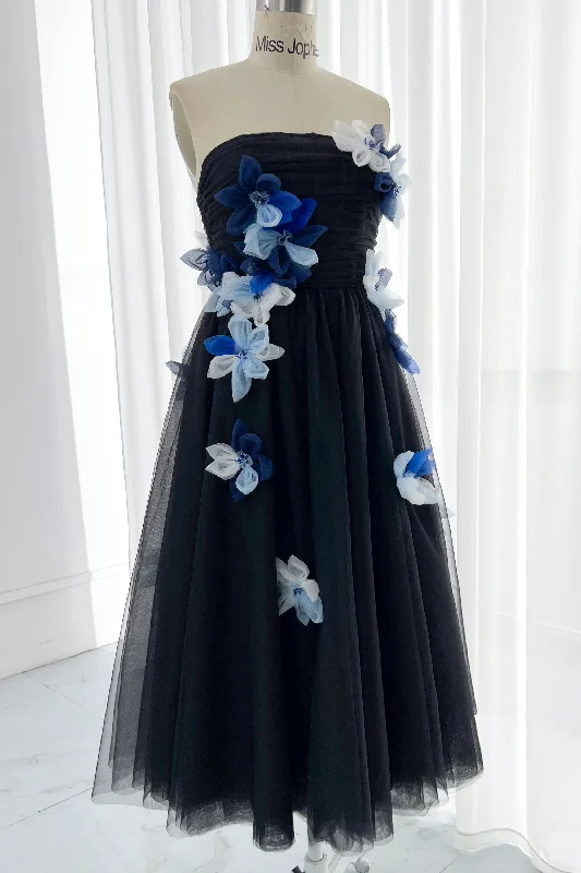 Strapless Black Tulle with Blue and white Flowers Midi Dress