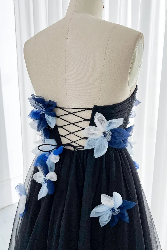 Strapless Black Tulle with Blue and white Flowers Midi Dress