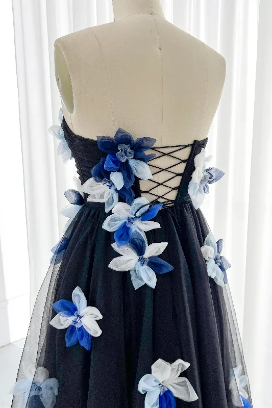 Strapless Black Tulle with Blue and white Flowers Midi Dress