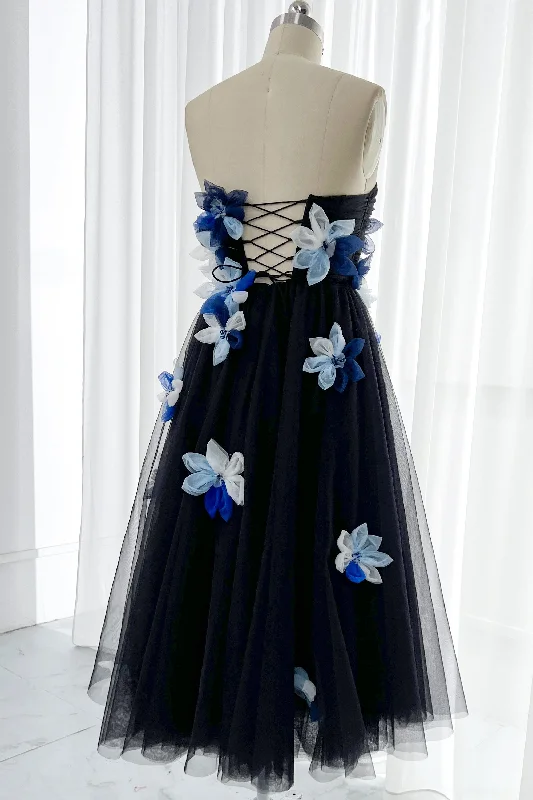 Strapless Black Tulle with Blue and white Flowers Midi Dress