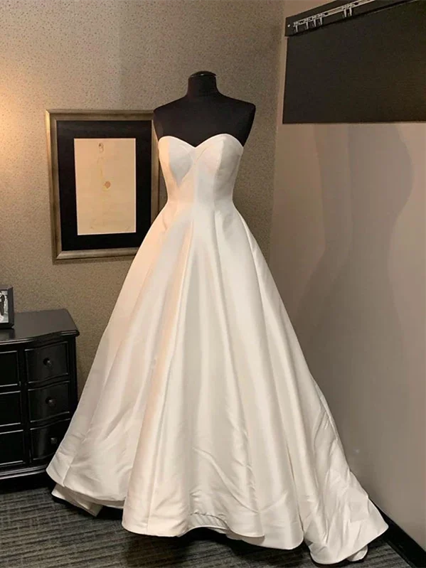 Sweetheart Long A-line Ivory Satin Wedding Dresses, Old Fashion Bridal Gown, Elegant Wedding Dresses