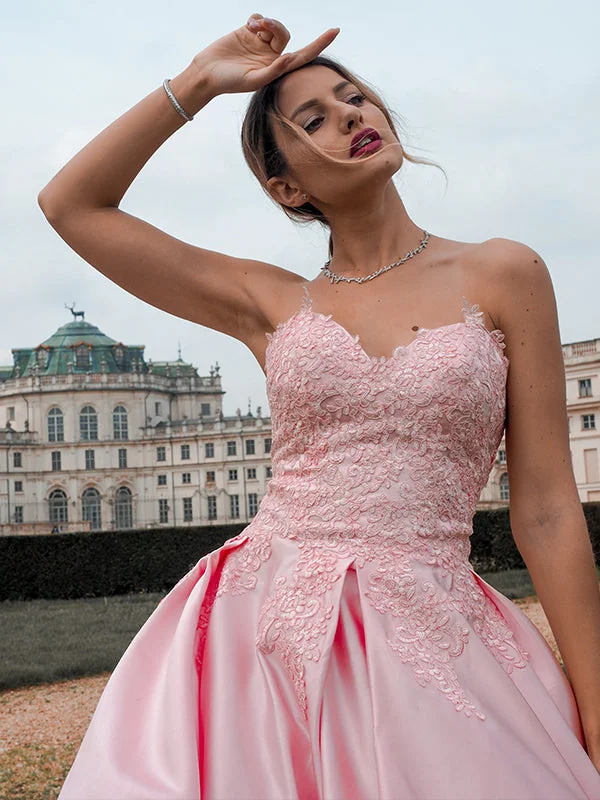 Sweetheart Pink Color Wedding Dresses, A-line Satin Lace Bridal Gowns, Newest Long Prom Dresses