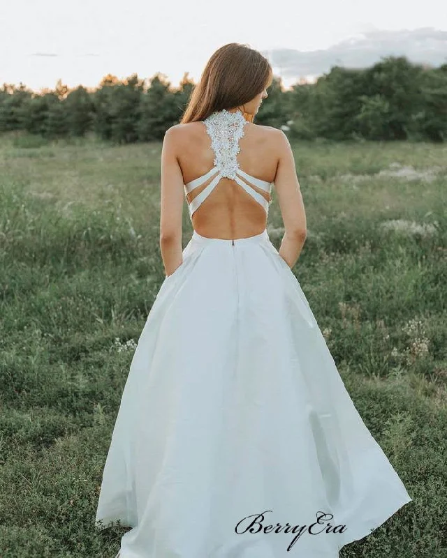 Two Pieces Lace A-line Wedding Dresses, Trendy Halter Wedding Dresses