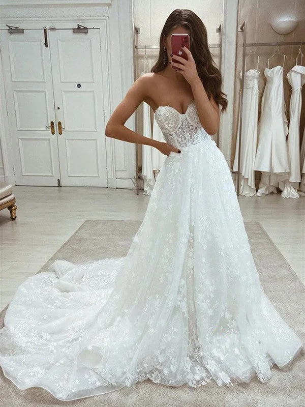 Unique Design 2021 Fashion Long Wedding Dresses, Sweetheart Lace A-line Wedding Dresses