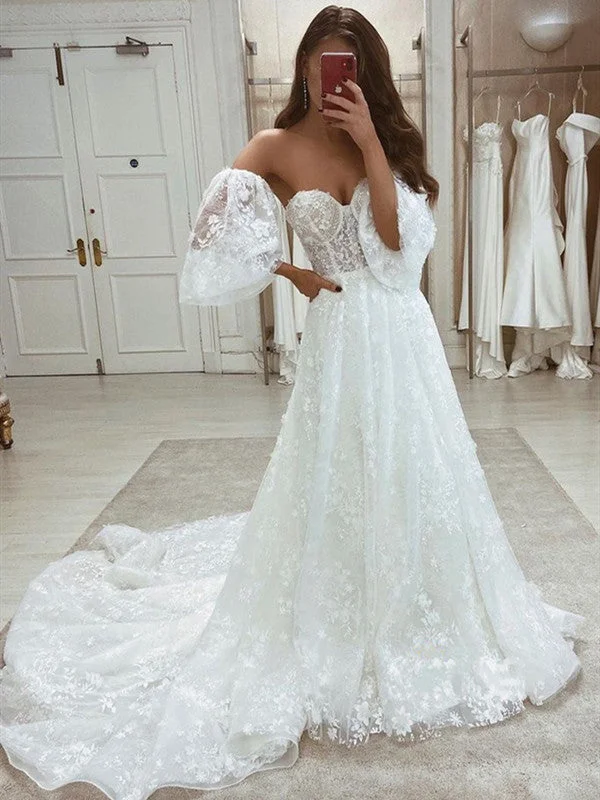 Unique Design 2021 Fashion Long Wedding Dresses, Sweetheart Lace A-line Wedding Dresses