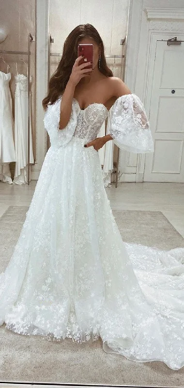 Unique Design 2021 Fashion Long Wedding Dresses, Sweetheart Lace A-line Wedding Dresses