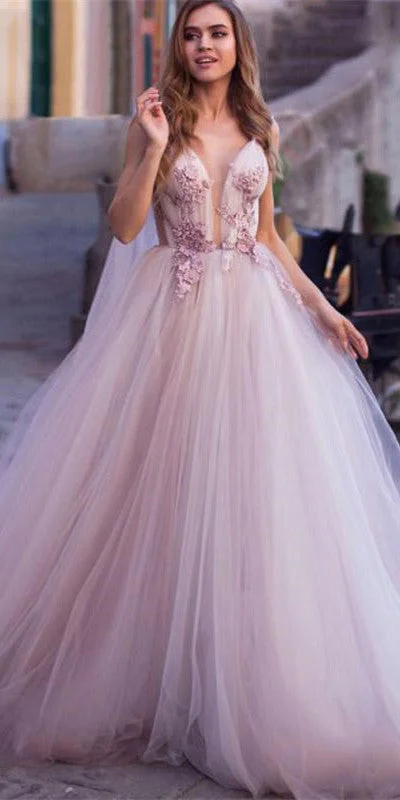 V-neck Long A-line Pale Pink Wedding Dresses, 2021 Wedding Dresses, Newest Bridal Gown