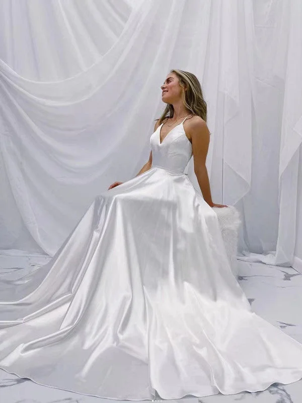 V-neck Satin Wedding Dresses, Simple A-line Wedding Dresses, New Arrival 2022 Bridal Gowns