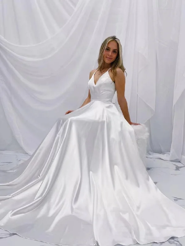 V-neck Satin Wedding Dresses, Simple A-line Wedding Dresses, New Arrival 2022 Bridal Gowns