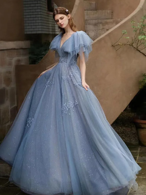 V-neck Tulle Long Prom Dresses, Appliques Lace Elegant Wedding Dresses, Newest 2022 Girl Party Dresses