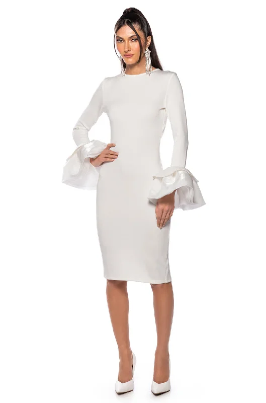 IN BLOOM EXAGGERATED CUFF LONG SLEEVE MIDI DRESS IN WHITE