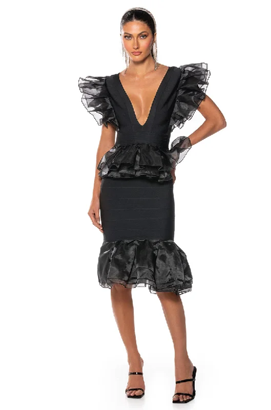 INTO THE NIGHT BLACK RUFFLE BANDAGE DRESS