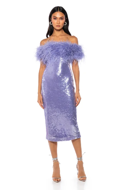 LOLO FEATHER DETAIL SEQUIN MAXI DRESS IN PURPLE