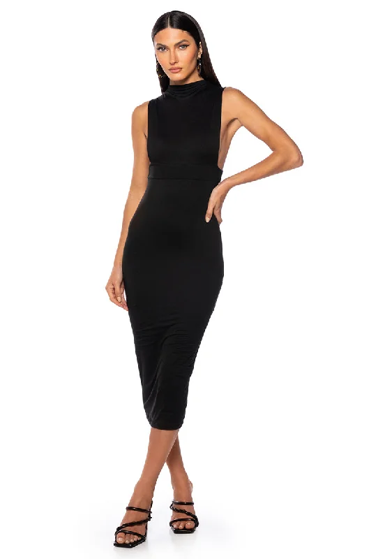 NICOLETTE SLEEVELESS MOCK NECK MIDI DRESS IN BLACK