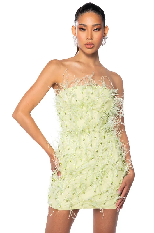 PRIMROSE STRAPLESS FEATHER MINI DRESS