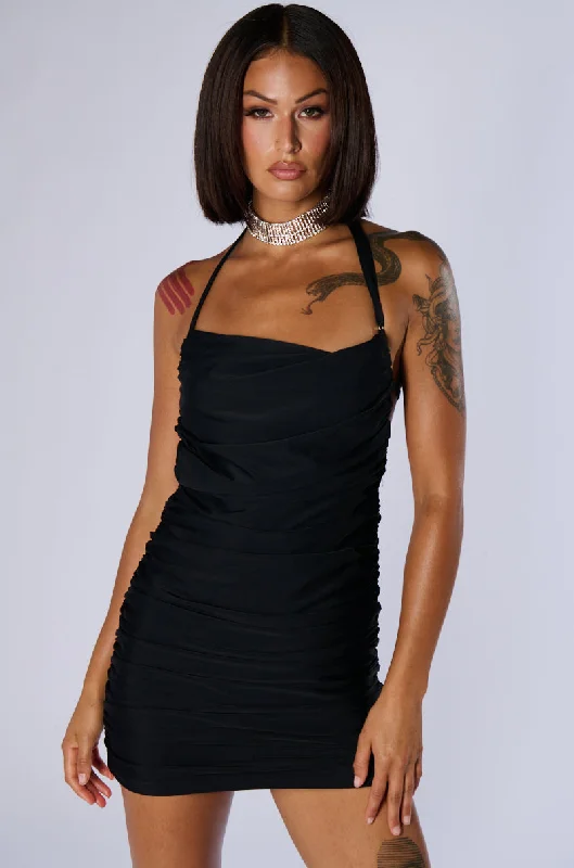 PUT A RING ON IT RUCHED MINI DRESS WITH HARDWARE