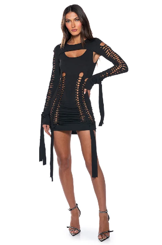 WORST BEHAVIOR DISTRESSED MINI DRESS