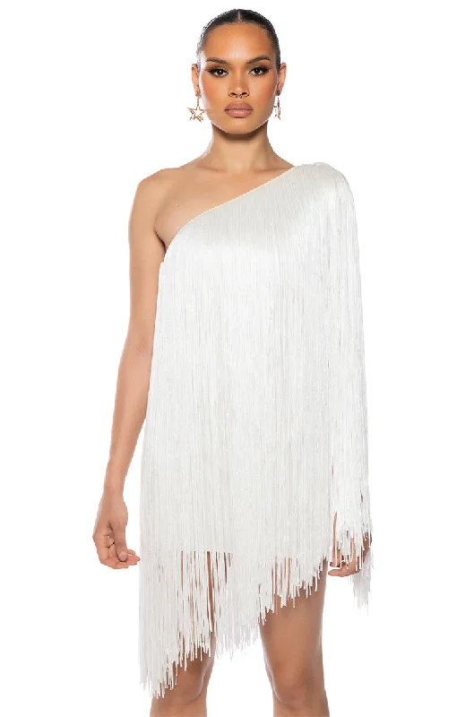 ZASHA ONE SHOULDER BANDAGE WITH FRINGE MINI DRESS